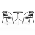 Flash Furniture 23.75" Round Glass Metal Table with 2 Black Metal Aluminum Slat Stack Chairs-Top Size: 23.75" Round
