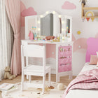 Qaba Kids Vanity Table & Chair Set with Lights & Tri-Fold Mirror - White-Tri-folding mirror design offers multiple angles, helping kids learn to style themselves.

