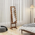 HOMCOM Mirror Jewelry Cabinet with LED Lights - 14.25" L x 11.75" W x 53.5" H - Rustic Brown-Ample storage space: 32 earring notches, 70 slots for finger rings, 12 hooks for necklaces and bracelets, 3 storage shelves 