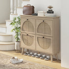 HOMCOM Shoe Storage Cabinet, Narrow with 4 Flip Drawers - Oak-Stores up to 20 pairs of shoes (up to CA Men Size 11.5) in four tilt-out drawers