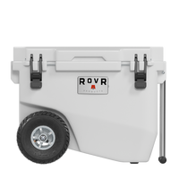 RovR RollR 60 Quart Wheeled Hard Cooler with Tow Handle - Powder-RollR 9’’ All-Terrain inflatable tires effortlessly glide over tough sand, dirt and grass