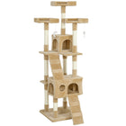 PawHut 68" H Multi-Level Cat Tree with Scratching Posts and Cat Condo - Light Brown-Multi-level tall cat tree with 3 x top perches, 2 x spacious condos, 2 x ladders, 3 x dangling toys for cat to play 