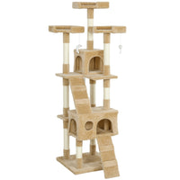PawHut 68" H Multi-Level Cat Tree with Scratching Posts and Cat Condo - Light Brown-Multi-level tall cat tree with 3 x top perches, 2 x spacious condos, 2 x ladders, 3 x dangling toys for cat to play 
