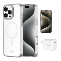AXS Starter Kit bundle with Ultra Clear Magsafe Case Screen Protector and 30W Charger for iPhone 16 Pro Max - Clear-Drop-tested, scratch resistant phone case with shock absorbing air pockets
