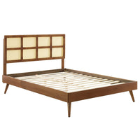 Modway Sidney Cane and Wood Full Platform Bed with Splayed Legs - Walnut-Full Platform Bed Frame