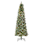 HOMCOM 7.5' Pre-Lit Snow-Flocked Artificial Christmas Tree with Pine Cones and Berries - Green-7.5 ft tall artificial Christmas tree with realistic look, berries, pine cones 