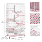 PawHut 63" H 6-Level Small Animal Cage with Universal Lockable Wheels - Pink-Platforms and ramps are included for a fun and happy life 