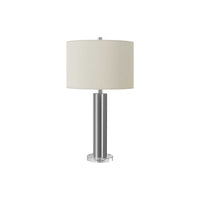 Monarch Specialties 28" H Contemporary Table Lamp - Nickel Metal / Ivory / Cream Shade-This contemporary and stylish 28"h table lamp is designed with an eye-catching nickel metal cylinder body fitted into a clear, circular acrylic base, topped with a chic ivory linen drum shade, and finished with a silver finial