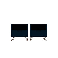 Manhattan Comfort Rockefeller 20.08" Mid-Century Modern 1-Drawer Nightstand 2-Piece Set - Tatiana Midnight Blue-2-Piece Mid-Century Modern Nightstand for Bedroom and Living Room Use