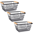My Home My Living Wire Rectangle Baskets with Wood Handle 3-Piece Set - 9.5”W x 7”D x 4.75”H - Black-Dimensions: 9.5”W x 7”D x 4.75”H