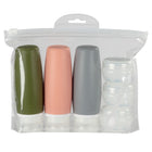 General Supply Goods + Co - TSA Approved Travel Bottles for Toiletries - 6 Pack - Coloured-What's Included - 3 Silicone Bottles (3.4 oz), 3 Cream Jars (10 g), 18 Sticker Labels, and 1 Clear PVC Travel Bag.