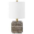Hudson&Canal Pacha 16" Tall Stone Table Lamp with Fabric Shade - Grey Veined Travertine-Eclectic modern design for your living room, workspace, or bedside table