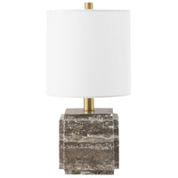 Hudson&Canal Pacha 16" Tall Stone Table Lamp with Fabric Shade - Grey Veined Travertine-Eclectic modern design for your living room, workspace, or bedside table