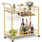 Boutique Home Tempered Glass Gold Bar Serving Cart with Mirrored Shelves & Bottle Holders-Color: Gold