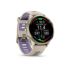 Garmin Forerunner 970 Smartwatch - Soft Gold Titanium with French Grey Case and French Grey/Translucent Indigo Band-FULL-COLOR MAPPING - Whether you’re running on city streets or riding densely covered trails, the Forerunner 970 smartwatch provides full-color, built-in mapping — now even more dynamic, intuitive and simpler to follow.
