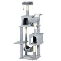 PawHut 70" Cat Tree Tower with Condo and Hammock - Bluish Grey-A hammock, a top bed, two condos and multiple perches for pets to climb and rest 