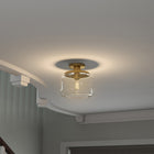 Hudson&Canal Tatum 11" Wide Semi Flush Mount with Glass Shade - Brushed Brass/Clear-Rated for one 60W incandescent bulb - 9W LED bulb, 13W fluorescent (CFL) bulb, or 9W self-ballasted LED bulb, E26-base bulb, Bulb not included