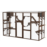 PawHut 74" H Large Outdoor Catio with Cat Condos, Platforms and Ladders - Espresso-Cats can come in and out independently through the window 