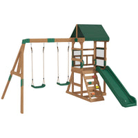 Qaba Wood Playset with Slide, 2 Swings, Rock Wall and Covered Upper Deck-Combines two swings, long slide, climbing zone for endless backyard play