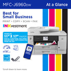 Brother INKvestment MFC-J6960DW Wireless Colour Inkjet All-in-One Printer with 3.5” Touchscreen-Productivity-focused printing features. A 500-sheet paper capacity,(1)100-sheet multipurpose tray,(1) single-pass duplex copy and scan up to 50 pages via the ADF,(1) and auto duplex printing provide advanced media-handling on paper up to 11” x 17”