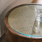 Modway Truett Round Wood Rattan Side Table - Walnut-Tempered Glass Overlay