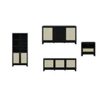 Manhattan Comfort Sheridan Mid-Century Modern TV Stand, Bookcase, Sideboard and End Table - Black - Set of 4-Set of 4 - Modern Cane Living Room Set. Includes Bookcase, Sideboard, TV Stand and End Table