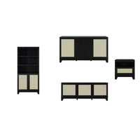 Manhattan Comfort Sheridan Mid-Century Modern TV Stand, Bookcase, Sideboard and End Table - Black - Set of 4-Set of 4 - Modern Cane Living Room Set. Includes Bookcase, Sideboard, TV Stand and End Table