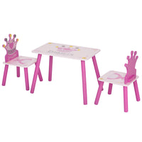 Qaba Kids Wooden Table and Chairs 3-Piece Set - Crown Design - Pink-Great for your kid's bedroom, playroom, or the living room 
