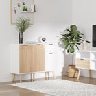 HOMCOM 35.4" L Sideboard - White and Nature Wood-Comes with 2 enclosed cabinets and a handy drawer for storage of daily accessories, utensils, dry goods, as well as plates and dishes