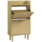 HOMCOM Narrow Shoe Cabinet with 2 Rattan Flip Drawers for 12 Pairs - Oak-Store up to 12 pairs of shoes (Max Shoe Size: CA 9.5) in two tilt-out drawers
