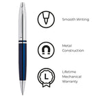 A.T. Cross Calais Ballpoint Pen - Chrome and Blue-Cross products are unquestionably guaranteed against mechanical failure and all writing instruments are backed by a Lifetime Mechanical Warranty. 
