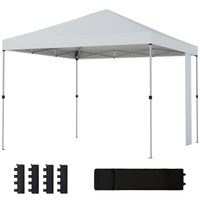 Outsunny 9.6 ft W x 9.6 ft L Pop Up Canopy Tent with Pockets - 1-Button Push - White-Features a pop-up design with a one-push central lock for tool-free setup in just 30 minutes