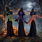 HOMCOM 4' Holding Hands Witch Trio Stake with Light-Up Heads - Multicoloured-Three 16.1" H-shaped ground stakes help keep the 47.2" display securely in place 