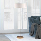 Hudson&Canal Estella Two-Tone Floor Lamp with Fabric Shade - Matte Black/Brass/White-Handcrafted matte black and brass finish is applied to the round metal base