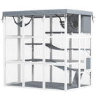 PawHut 71" Catio Outdoor Cat Enclosure with Weatherproof Tarp - Grey-Spacious area includes hammock, condo, ladders, and play platforms 