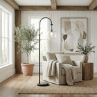 Hudson&Canal Verona Arc Floor Lamp with Glass Shade - Blackened Bronze/Seeded-Handcrafted blackened bronze finish is applied to the round metal base