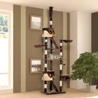 PawHut 94" - 102" Floor-To-Ceiling Huge Cat Tree Tower - Brown-Durable short plush covers for long-lasting wear 