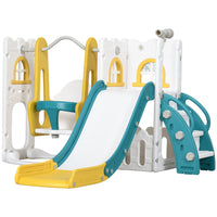 Qaba 6-in-1 Slide and Swing Set with Basketball Hoop, Climber - Yellow-6-in-1 design includes slide, swing, climber, storage, telescope, basketball hoop 