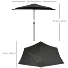 Outsunny Half-Round Patio Umbrella with Crank and 5 Ribs - 9' - Black-Convenient set up and take down with the crank handle