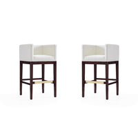Manhattan Comfort Kingsley 21" Mid-Century Modern Faux Leather Upholstered Bar Stool - Ivory and Dark Walnut - 2 Pack-Mid-Century Modern Barstool with Backseat Perfect for Bar and Kitchen Use. Set of 2