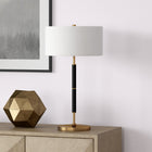 Hudson&Canal Simone 25" Tall 2-Light Table Lamp with Fabric Shade - Black/Brass/White-Handcrafted black and brass finish is applied to the candlestick metal base