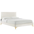 Modway Yasmine Channel Tufted Performance Velvet Full Platform Bed with Gold Metal Legs - White-Stain-Resistant Performance Velvet