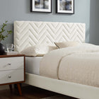 Modway Leah Chevron Tufted Performance Velvet Full Platform Bed with Tapered Black Wood Legs - White-Wood Slat Support System