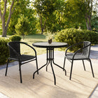 Flash Furniture 28" Round Glass Metal Table with Black Rattan Edging & 2 Black Rattan Stack Chairs-Designed for Indoor and Outdoor Use