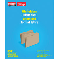 Staples Recycled File Folders - Letter Size - 8 1/2" x 11" - Natural Sand - 100 Pack-Has reversible 1/2-cut tabs for easy labelling
