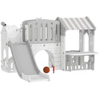Qaba 7-in-1 Toddler Slide with Playhouse and Basketball Hoop for Indoor Play - Grey-Bring home endless fun with this seven-in-one kids' playground 