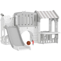 Qaba 7-in-1 Toddler Slide with Playhouse and Basketball Hoop for Indoor Play - Grey-Bring home endless fun with this seven-in-one kids' playground 