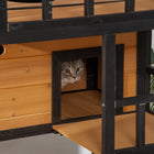 PawHut 4-Floor Outdoor Wood Cat House with Condo Entrances and Perch - Natural/Black-Escape top and side holes, jump platform, escape door, fun entrance for cats 