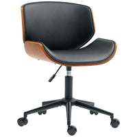 HOMCOM Mid-Century Modern Desk Chair with Wheels and No Arms-Mid-century modern style with curved wood shell, sleek PU leather, adds a touch of elegance