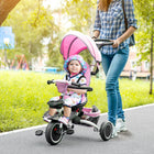 Aosom 6-in-1 Toddler Tricycle with Rotatable Seat - Pink-Detachable parent push handle, canopy, semi-reclining footrest and security bar 